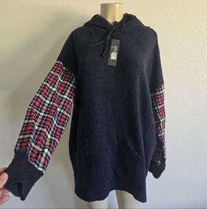 Renee C. Navy Hoodie with Plaid Accents